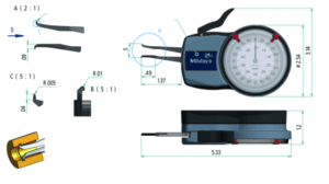 Mitutoyo internal dial caliper gauge (inch) diagram with dimensions, including dimensions of jaws