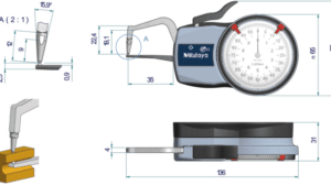 Mitutoyo External Dial Caliper Gauge (Metric) including diagram of dimensions and jaws in application