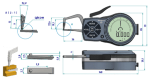 Mitutoyo Diagram with Dimensions of Metric External Digital Caliper Gauge and Accessories