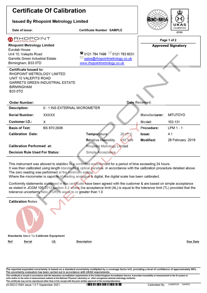 Rhopoint Metrology sample calibration certificate for external micrometer page 1 of 2