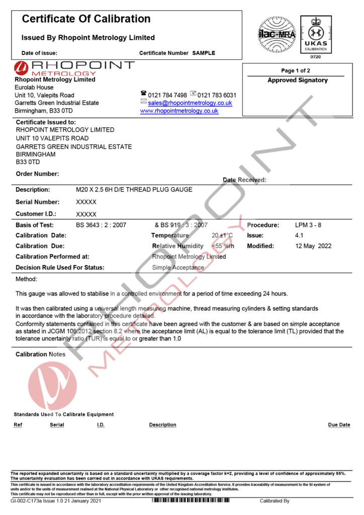 Rhopoint Metrology sample calibration certificate for screw plug gauge page 1 of 2