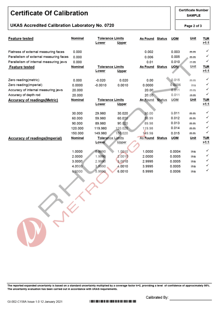 Rhopoint Metrology sample calibration certificate for vernier caliper page 2 of 3