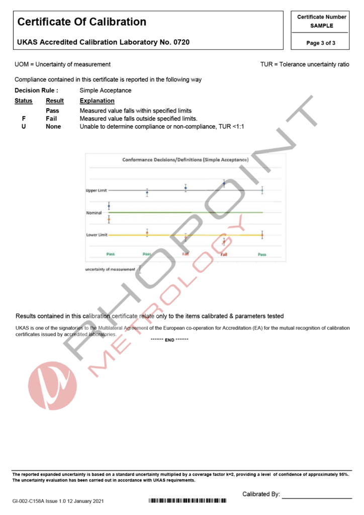 Rhopoint Metrology sample calibration certificate for vernier caliper page 3 of 3